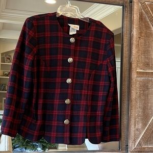 Red Vintage Blazer Navy Blue Plaid Suit Jacket Womens 14 Grandma